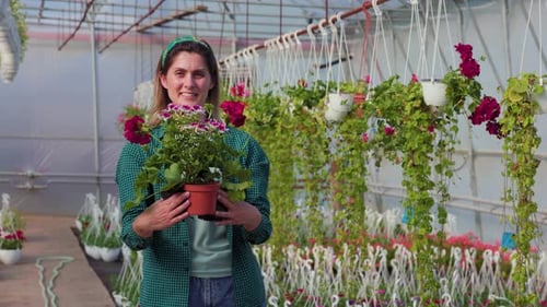 Woman Holding Potted Plant in Lush Greenhouse