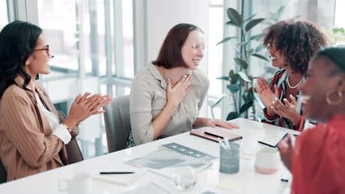 Women, applause and meeting at startup in office with congratulations, goal or support at company