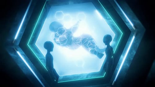 Aliens Observing Astronaut in Futuristic Hexagonal Stasis Chamber