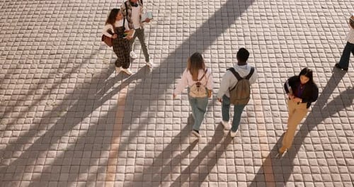University, campus friends and walking with students, outdoor and college plaza in morning