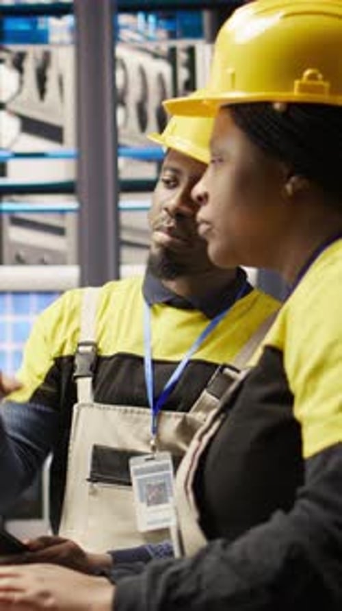 Vertical Video Manager Oversees Work Done By Worker in Smart Factory Ensuring Quality Control