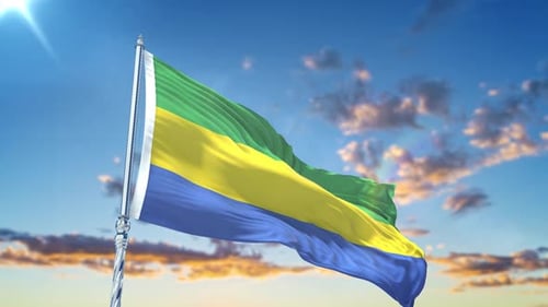 Gabon National Flag Waving in Realistic Sky