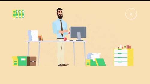 professional stands in their office surrounded by stacks of paper and computer