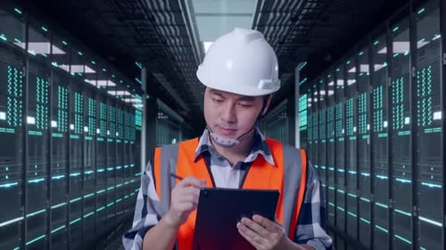 Asian Male Taking Note on Tablet While Walking in Data Center