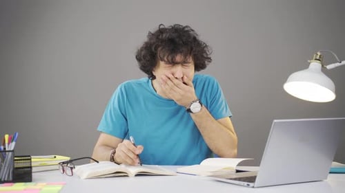 Tired Young Adult Studying Falls Asleep at Desk
