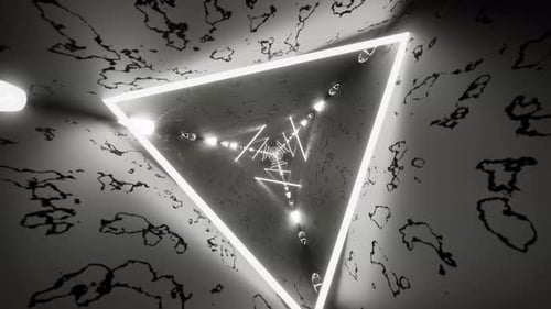 Black and white tunnel with neon triangles and lamps. Loop animation