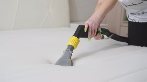 Mattress Dry Cleaning Dry Cleaning at Home Closeup Dry Cleaning of the Mattress at Home