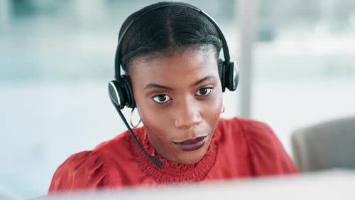 Call center, customer support and black woman on computer for consulting, help and CRM service
