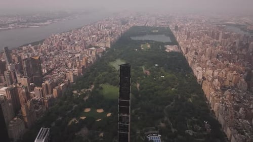 Aerial video of the skyscrapers in the city, Central Park in New York. USA