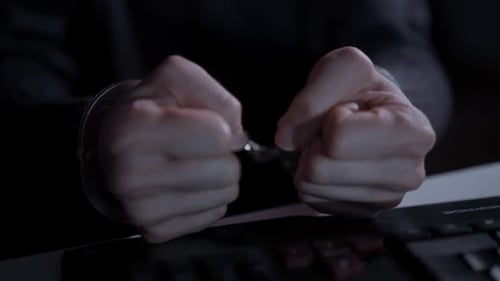 Adult Hands Cuffed Over Computer Keyboard at Night