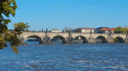Panning View of Charles Bridge in Prague