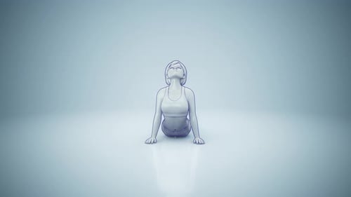 Animación 3D conceptual de una mujer practicando yoga urdhva mukha svanasana