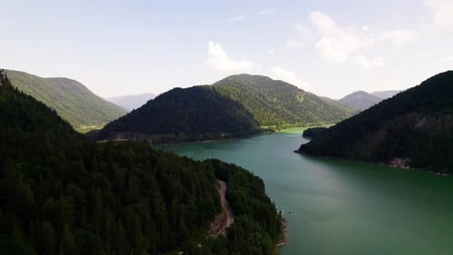 Picturesque Mountain Lake During Sunrise In Austria. Aerial Shot