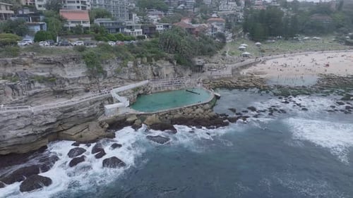 Aerial video of the rock pool at Bronte Beach Sydney, Australia