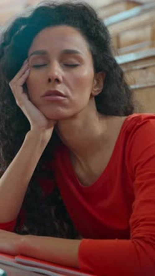 Sad Tired Bored Caucasian Latina Student Girl in University Auditorium Sleeping Exhausted Hispanic
