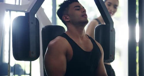 Man, chest and press with fitness at gym for workout, exercise or arm strength with muscles