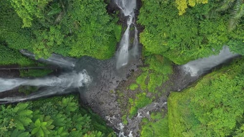 Aerial top down view of Fiji Waterfall in bali, indonesia