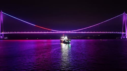Container Ship Passes Under Illuminated Bridge at Night