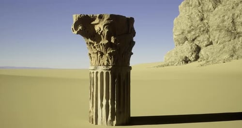 Ancient Column Stands Alone in Vast Desert Landscape During Sunset