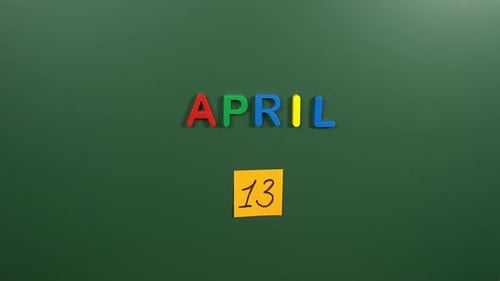 Hand sticking a sticker 13 April calendar day on school board. 13 date of April. Thirteenth day