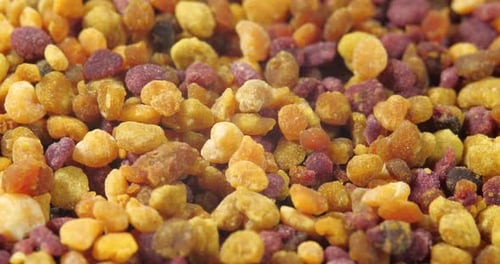 Trockener Pollentee. Rotierende Blumengranulate im Hintergrund in Zeitlupe. Konzept der alternativen Medizin