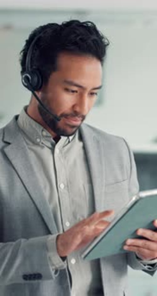 Headset, office and business man on tablet talking for financial advice, investment and consulting