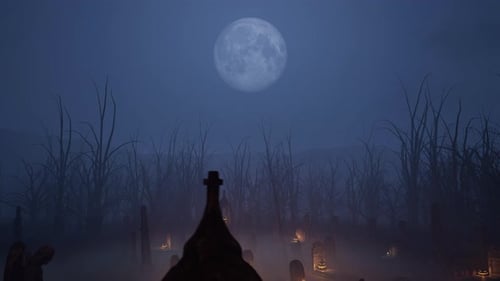 Halloween Horror Night: Slowly Revealing the Cemetery Full of Glowing Pumpkins at Full Moon