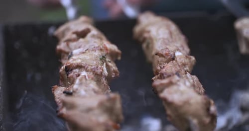Two pieces of meat are being grilled on a black grill. The meat is brown and has a smoky flavor