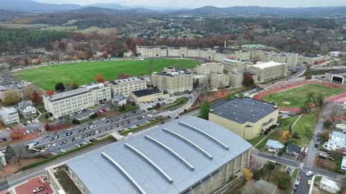 Virginia Military Institute campus. High aerial shot in Lexington, VA.