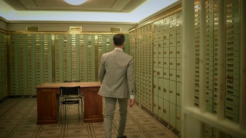Businessman Entering Bank Safe Vault Room Storing Silver Bullion Inside Deposit