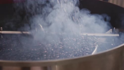 Coffee Beans Pouring into Industrial Roasting Machine