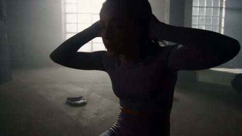 Silhouette Sport Girl Training Abs Muscles in Fitness Gym. Female Athlete Abs