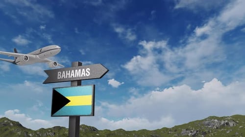 Bahamas Flag With Airplane And Arrow Sign