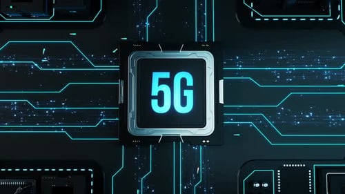 5G Connectivity. A city in miniature in the form of computer components and microchips.