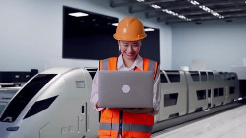 Smiling Engineer Using Laptop Next to Modern Train