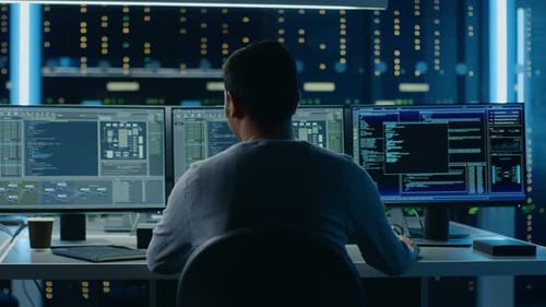 Especialista em TI trabalhando em um computador pessoal com monitores mostrando o programa de linguagem de codificação com o sistema