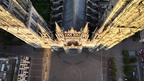 Top-down drone shot of Rouen Cathedral (Cathedrale Notre-Dame) in Rouen, France