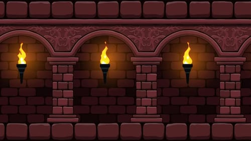 Medieval castle corridor with burning torches