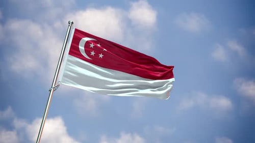Realistic Singapore Flag Waving Against a Cloudy Blue Sky