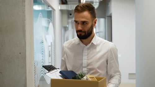 Man By Dismissal Guy Lost Job Fired Manager in Company Dismissal Box in Hands of Employee