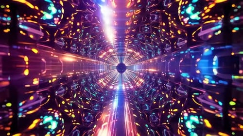 Seamless loop 3d animation of neon glowing tunnel with metal