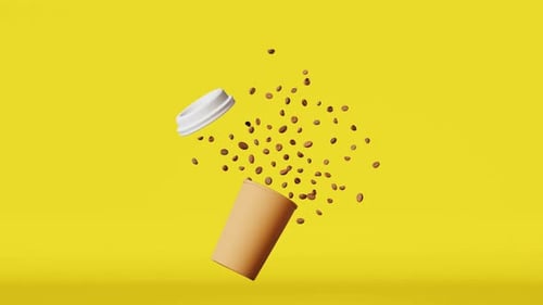 Coffee explosion 3D animation Floating paper coffee cup lid flying beans yellow 4K Coffee to go shop