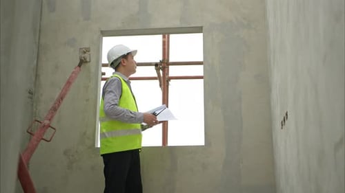 Los ingenieros de proyectos de construcción inspeccionan y supervisan la construcción de las paredes de los edificios