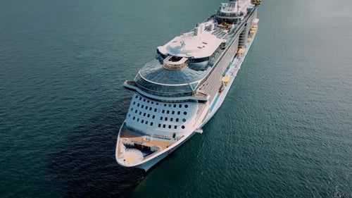 Flying Over a Large Cruise Ship at Sea Off the Coast of Vietnam the City of Nha Trang Aerial Side