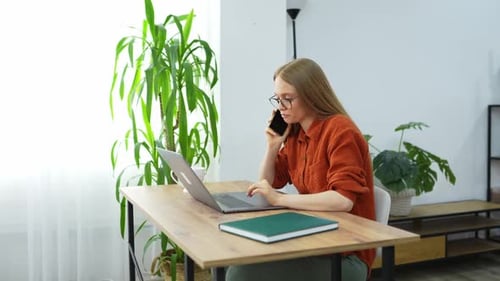 Woman Working at Home Talking on Phone