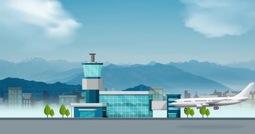 Flugzeug landet im Flughafen, Vektor-Animation