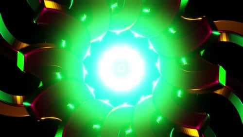 Green Metallic Spiral Tunnel VJ Loop with Glowing Core and Pulsing Reflections