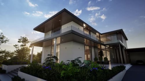 Modernes Luxushaus mit Außenansicht mit Abendlicht