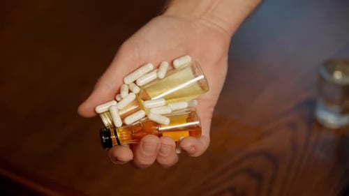 Hand holding pills and alcohol close to camera, depression, abuse concept