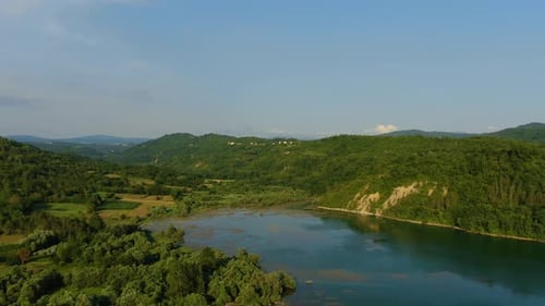 Approaching Lake Butoniga water dam in Croatia Istria peninsula, Aerial drone closing in shot